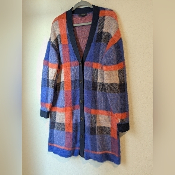 Ann Taylor Blue Orange Plaid Longline Button-Up Oversized Boyfriend Cardigan - Picture 6 of 13
